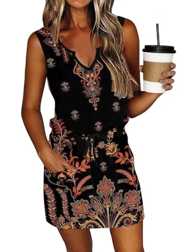 Image of SAUKOLE Womens Sleeveless T Shirt Dresses Casual Cute Floral Print Short Dress Summer Fashion Front Pockets