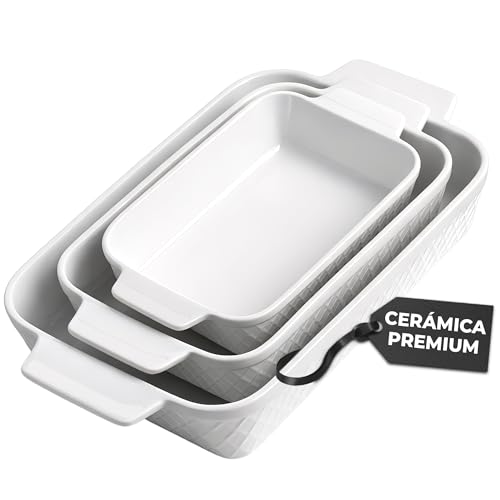 Listado de Refractarios de ceramica los más recomendados. 45 MIAMIO - Juego de 3 cacerolas rectangulares de cerámica para hornear, 3 piezas apilables, 850 ml, 1650 ml, 2900 ml, apto para lavavajillas y horno, colección Palmanova
