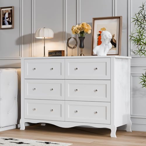 LEADZM Commode à 6 tiroirs, Meuble Rangement, Commode Chambre avec tiroirs, Armoire à tiroirs Blanche 120 x 40 x 84 cm
