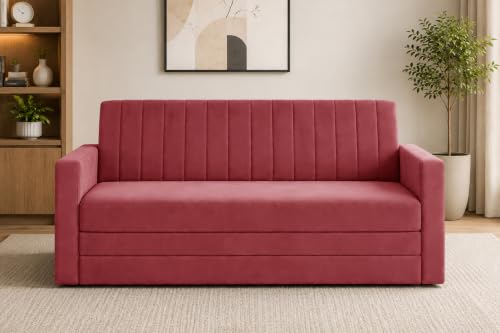 Image of 3-Seater Velvet Sofa Cum Bed with Armrests | Modern Convertible Sleeper Couch | Stylish Sofa Bed for Living Room, Bedroom & Office | Red