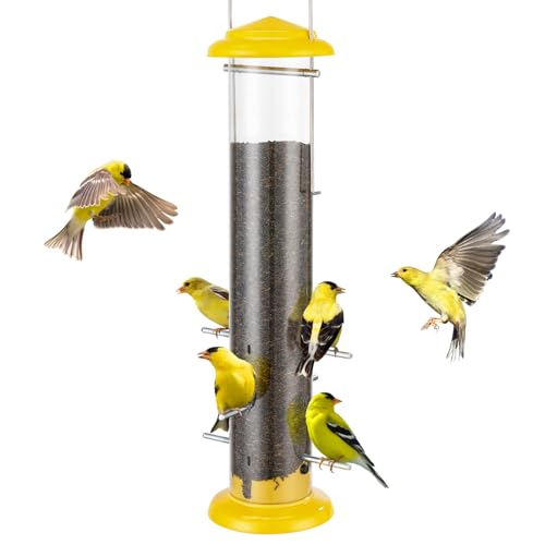 Kingsyard Metal Finch Feeder for Thistle/Nyjer Seed, Tube Bird Feeders for Outdoors Hanging, 2 lbs Large Capacity, Easy to Refill & Clean, Yellow
