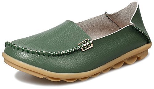 Fangsto Womens Cowhide Casual Slipper Loafers Moccasin Driving Shoes Flat Slip-Ons US Size 9 Army Green