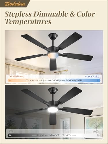 Image of Fanbulous 52 Inch Ceiling Fans with Lights and Remote, Stepless Color Temperature Change & Dimmable 20W LED Ceiling Fan, 6 Speeds Reversible Quiet DC Motor for Bedroom, Living Room, Apartment, Black