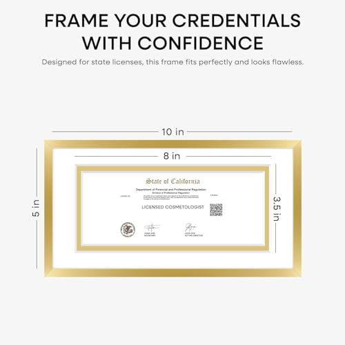 Image of Homeforia 5x10 Business License Frame Gold, High End Metal 5 x 10 Document Certificate Frames with Mat 4x9, 5by10 Professional License Frame for Wall or Tabletop, Tempered Glass, Wall Kit, Set of 2
