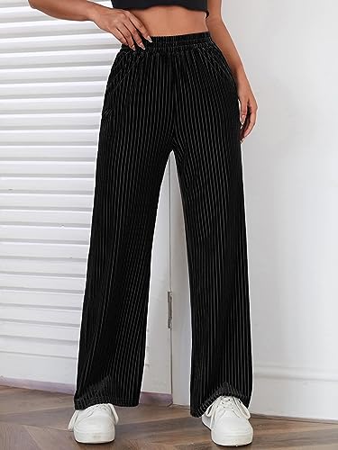 Women's Ribbed Velvet Wide Leg Pants Casual High Waisted Lounge Pants