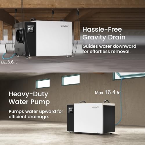 Image of Waykar 216 Pint Crawl Space Dehumidifier with Pump & Drain Hose for Basements, Commercial & Water Damage Spaces up to 8000 Sq. Ft., Compact, Strong Dehumidification, 5-Year Quality Coverage