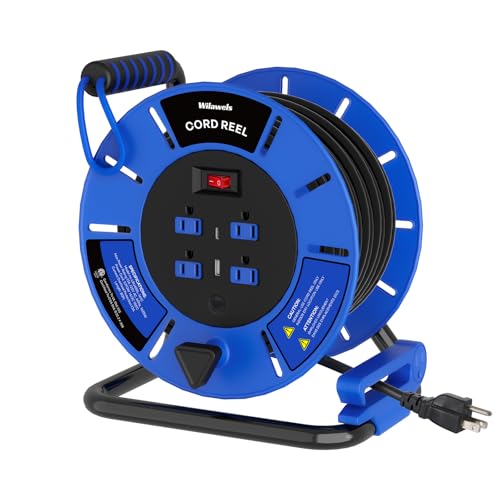 WILAWELS 80 FT Retractable Extension Cord Reel 14AWG Heavy Duty Power Cord with 4 Grounded Outlets USB-A & USB-C Ports 13A 1625W Portable Hand Crank for Indoor Outdoor Use ETL Listed U80ACR06