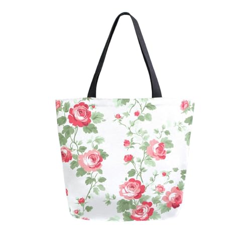Extra Large Shoulder Tote Bag for Beach Travel Weekender Gym Green Leaves Red Flower Pattern Reusable Grocery Canvas Shopping Bag