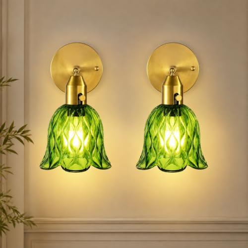 Image of Vintage Gold Wall Sconces Set of 2, Hardwired Wall Mounted Light Fixtures with Clear Green Tulip Glass shade, 2 Usage Methods Wall Decor Set of 2 Wall Light fixtures for Living Room Hallway Bedroom