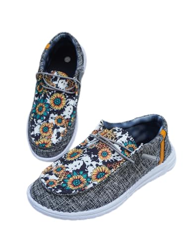 Unisex Casual Hey Loafers Canvas Sunflower Pattern Print Elastic Lace-up Comfortable & Light-Weight Slip-on Loafers Arch Support Walking Driving Basic Shoes for Women/Men/Adults/Teenagers,US Size 6-10
