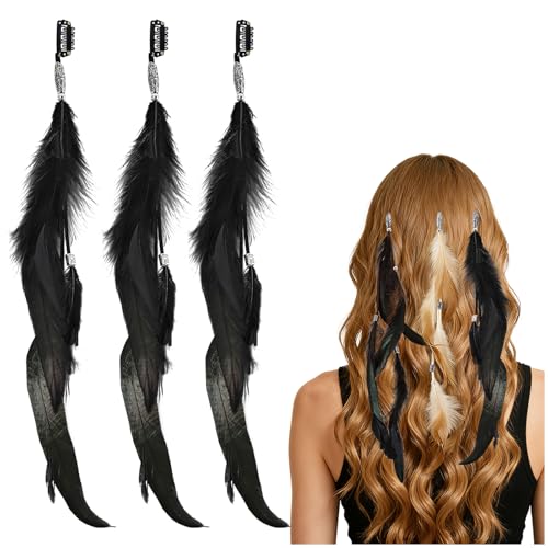 FeelfunFeather Feathers Hair Extensions for Women Boho Clip-in Hair Feather Accessories for Mardi Gras Performances Photo Shoots Carnival Party Headdress Accessory Black (3 Pcs)