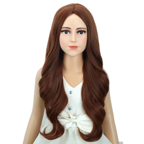 Image of Kids Ginger Orange Wig Long Dark Orange Wavy Curly Wig for Child Girls Long Ginger Middle Part Wigs Heat Resistant Synthetic Wigs with Cap