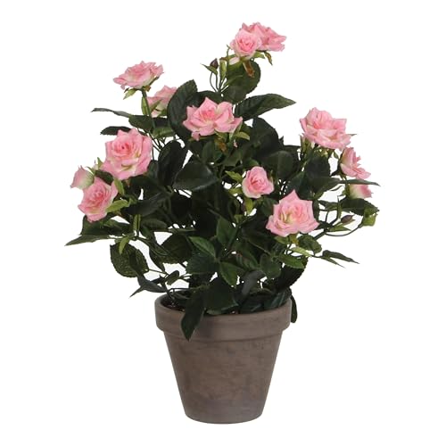 MICA Decorations Plante Artificielle Rosier en Pot Ciment - H33 x Ø25 cm - Rose