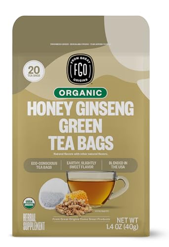 Image of FGO Organic Honey Ginseng Green Tea, 20 Count, Eco-Conscious Tea Bags, Resealable Bag, Packaging May Vary (Pack of 1)
