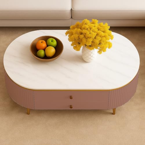 Image of WOODEN SPACE Premium Moderno Marble-Top Coffee Table with Storage Drawer & PVD Coated Iron Legs | Oval Wooden Center Table for Living Room & Entryway (Pink)