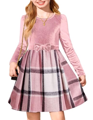 Arshiner Girls Dresses Long Sleeve Velvet Plaid Patchwork Holiday Party Dress with Pockets