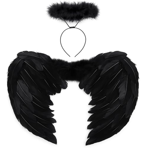 Angel Wings And Halo Costume For Women -Includes 1x Feather Black Angel Wings & 1x Fur Black Halo Headband For Halloween Cosplay Party & Dark Fantasy Theme