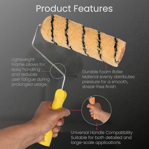 Image of The Decor Co. Paint Roller 9 Inch Wall Painting Brush Smooth Finish Texture Application for Exterior with Ergonomic Handle (Random Colors)