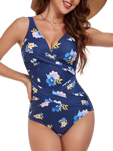 Image of Smismivo Tummy Control Swimsuits for Women Slimming One Piece Bathing Suit Retro Ruched Push Up Vintage Padded Swimwear
