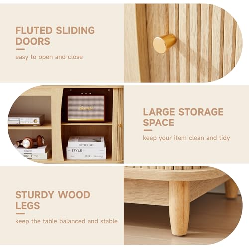 Image of TV Stand, Fluted Media Console Table with Storage and Sliding Door, Farmhouse Entertainment Center for Living Room, Home Office (Natural-No Fireplace)