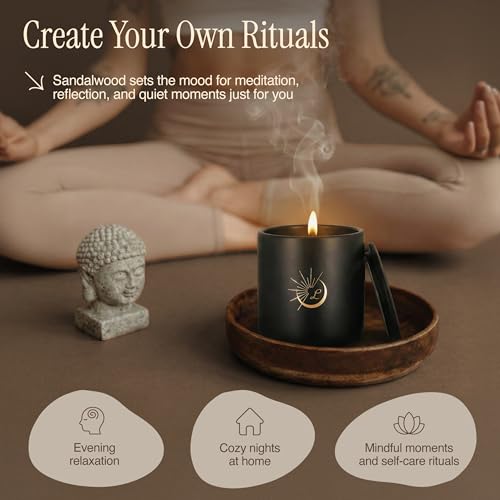 Sandalwood Scented Soy Candle 8.8oz - Luxury Matte Black Ceramic Jar - Non-Toxic Natural Soy Wax, Cotton Wick - 52 Hour Clean Burn - Aromatherapy Gift Candle for Men & Women, Home Decor - Image 6