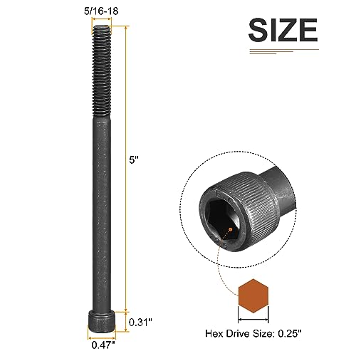DTGN 5/16-18x5" Socket Head Cap Screws Bolts, 6Pcs 12.9 Grade Alloy Steel, Machine Hex Socket Screw, Hex Drive - Image 2