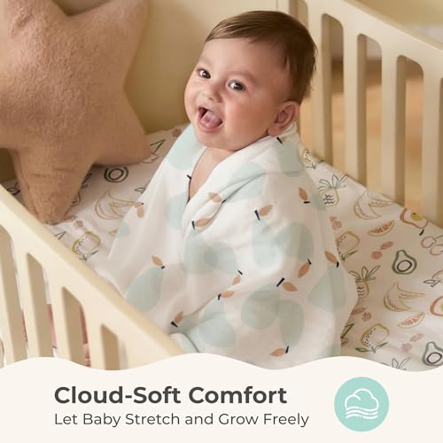 Image of Momcozy Muslin Swaddle Blankets, 4-Pack Breathable and Skin-Friendly Receiving Blankets, Best Wishes Swaddle Blanket Shower Gifts & Baby Registry Essentials, Large 47 inchx47 inch, Fruits Party