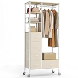 Rangement complet tout-en-un : cette armoire tout-en-un combine 5 tiroirs non tissés, une tringle de suspension robuste, des étagères ouvertes et un maximum de rangement supérieur en une seule unité, permettant de ranger parfaitement les manteaux, les vêtements pliés, les petits articles et les objets essentiels du quotidien pour éliminer l'encombrement de votre garde-robe.