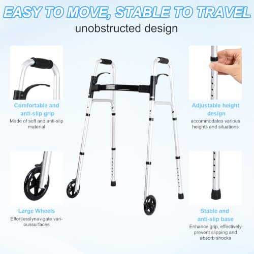 Image of Folding Walkers for Seniors with Basket: Standard Walkers for Seniors Lightweight Portable Walker Adjustable Height Standard Upright Walker for Elderly Disabled Bariatric (Sliver + Black)