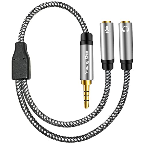 Yeung Qee Headphone Mic Splitter Adapter 3.5mm Male to 2 Dual 3.5mm Female Audio Y Splitter Adapters Cable Compatible with Phone, Laptop, PS4,Gaming Headset, External Microphone& More (30cm,silver)