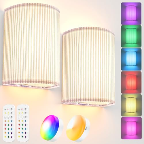 AIBOO Lámpara LED de pared con batería 3000 mAh, 2 unidades, 15 colores RGB y 3 colores, temperatura regulable, sin cables, pilas incluidas, para salón, dormitorio, escalera