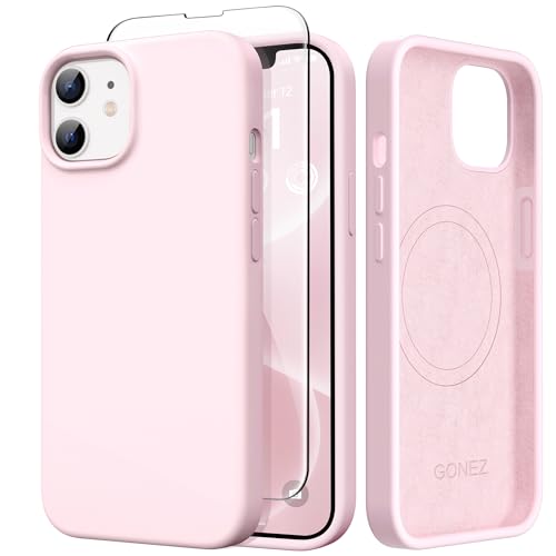 GONEZ Magnetic for iPhone 12 Case & iPhone 12 Pro Case, [Compatible with MagSafe] Anti-Scratch Microfiber Lining & Screen Protector, Shockproof Slim Phone Silicone Cover 6.1 inch, Chalk Pink