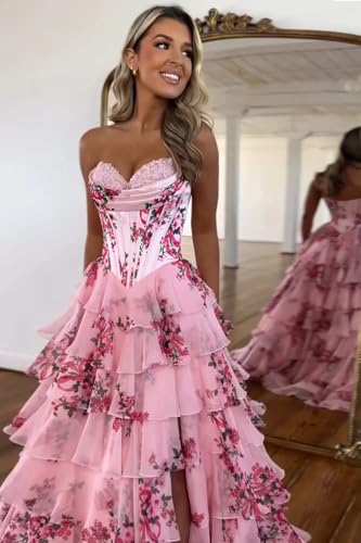 Floral Print Tiered Prom Dresses Long Ball Gown 2025 Strapless Tulle Lace Formal Evening Gowns with Slit4