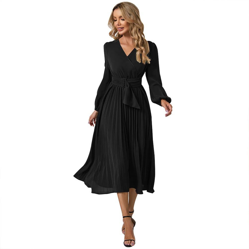 IWEMEKElegant Women Long Sleeve Wrap V Neck Pleated A-line Dress with Belt  Spring Autumn Winter Casual Party Cocktail Wedding Guest Maxi Dresses