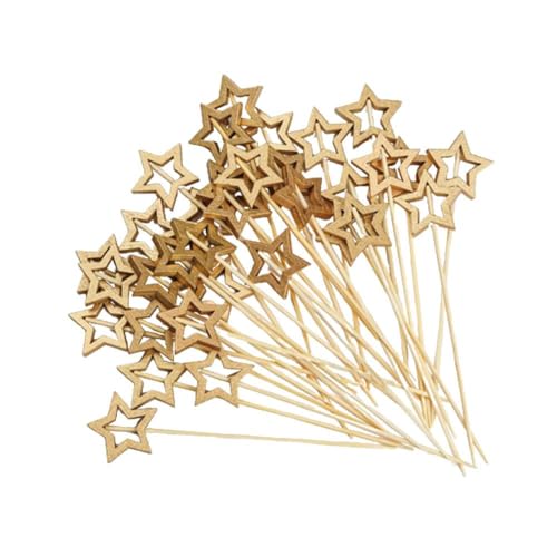 Pinchos de cóctel navideños, brochetas de cóctel con estrellas doradas y plateadas para aperitivos de fiesta, pinchos decorativos de madera para postres, entrantes, pasteles de frutas (oro, 50