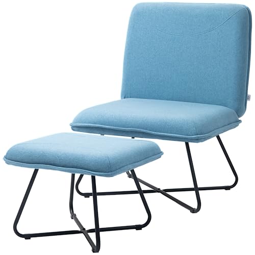 HOMCOM Sillón Relax Sillón de Salón con Reposapiés Butaca para Dormitorio sin Brazos con Patas de Acero en Forma de Cruz para Sala de Estar Azul Claro