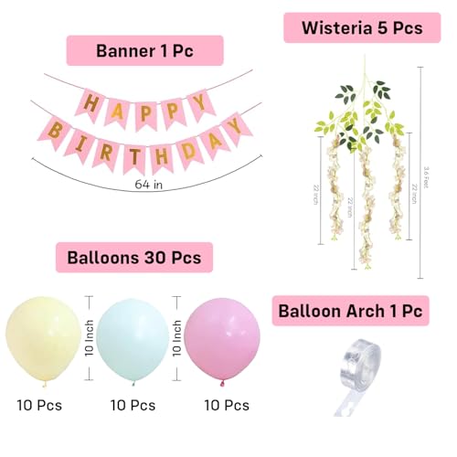 Image of Party Propz Soft Pastel Wisteria Birthday Decoration Kit For Girls -37 Pcs, Happy Birthday Banner, Wisteria Drapes, Pastel Balloons & Arch Roll,Balloon Decoration Kit for Girls (Latex,Cardstock)