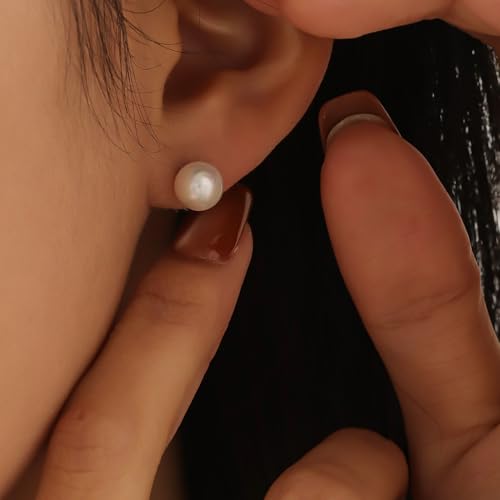 Image of Freshwater Pearl Stud Earrings for Women - Hypoallergenic 925 Silver Plated With 14k Gold Genuine Round White Pearls Elegant Gift for Her
