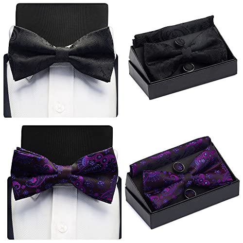 Set de corbata de moño para hombre con pañuelo y gemelos miniatura 3