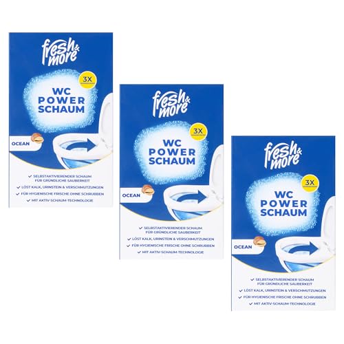 Fresh & More WC Power-Schaum Reiniger Ocean - 3er Pack (9x 100 g) - Selbstaktivierender Aktivschaum zur Entfernung von Kalk, Urinstein und Verschmutzungen ohne Schrubben - Frischer Ozean Duft