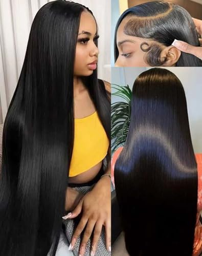 Cllok 34 Inch Straight Wigs Human Hair 13x6 Real frontal Wig 200 Density HD Transparent Lace Front Wigs Human Hair Pre Plucked Can Last 6-9 Months Tangle-Free Natural Black for Women