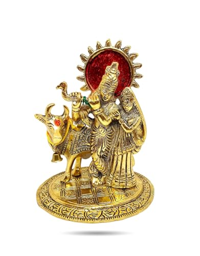 Estatua decorativa Radha Krishna con vaca de metal blanco 5x4x6 in miniatura 5