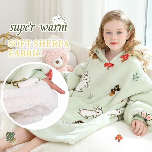 Aemilas Wearable Blanket Hoodie for Kids Gift - Comfort Sherpa Oversized Blanket Sweatshirt with Pocket 6-13 Years Old Boys Girls Birthday Gifts, Cute Bunny & Mushroom Print, Light Green — view 2