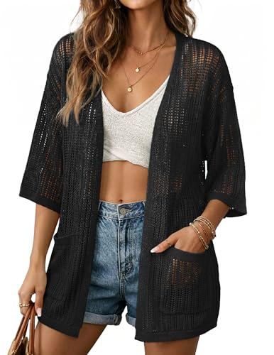 Image of BB&KK Lightweight Summer Crochet Cardigan for Women 3 /4 Sleeve Open Front Sheer Knit Boho Kimono Cardigans with Pockets