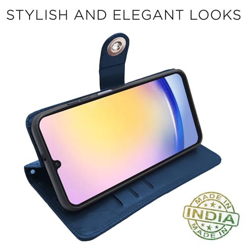 Image of Pikkme Samsung Galaxy A25 5G Flip Cover Leather Finish | Inside TPU with Card Pockets | Wallet Stand and Shock Proof | Magnetic Closing | Complete Protection Button Flip Case (Blue)