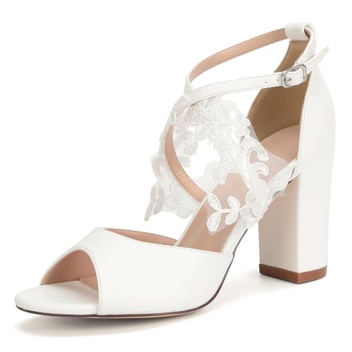 Mdrcg Sandalias de Novia Blancas de Encaje con tacón Ancho, Puntera Abierta y Correa al Tobillo; Calzado con para Bodas, Bailes de graduación y Fiestas.