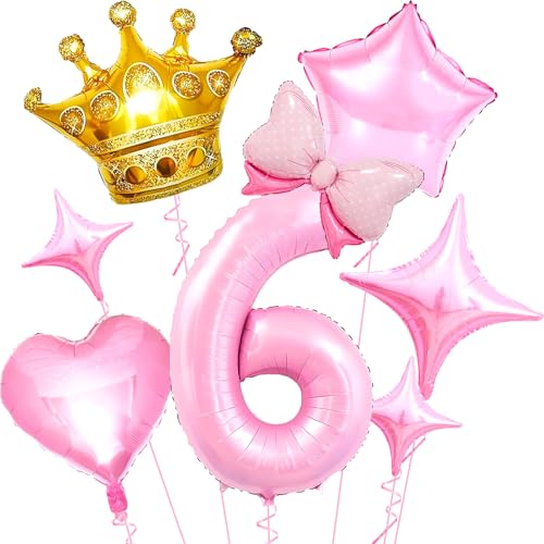 Princess Party Decorations - 40 Inch Mylar Pink Number 6 Balloons - Pink Foil Bow Balloons Crown Balloon for 6st Princess Theme Birthday Party Decorations