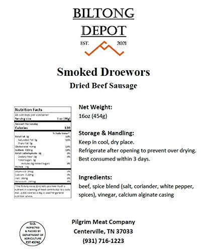 Biltong Depot - Smoked Droewors (1 Lb) 16Oz South African Droewors Beef Sausage Sticks Keto And Paleo Certified Air-Dried Sausages - Whole 30 Approved, No Sugar, Gluten Free, No Nitrates - Healthy And Natural Snacks #TOP3