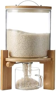Glass Rice Dispenser with Wooden Stand, Flour and Sugar Container Dispenser with Glass Measuring Cup for Pantry Organization and Storage with Airtight Bamboo Lid for Rice, Beans,and Ground Coffee (5L)