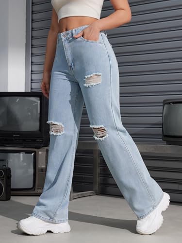 Women's Ripped Jeans Trendy Loose Distressed Fit Straight Leg Denim Jeans3